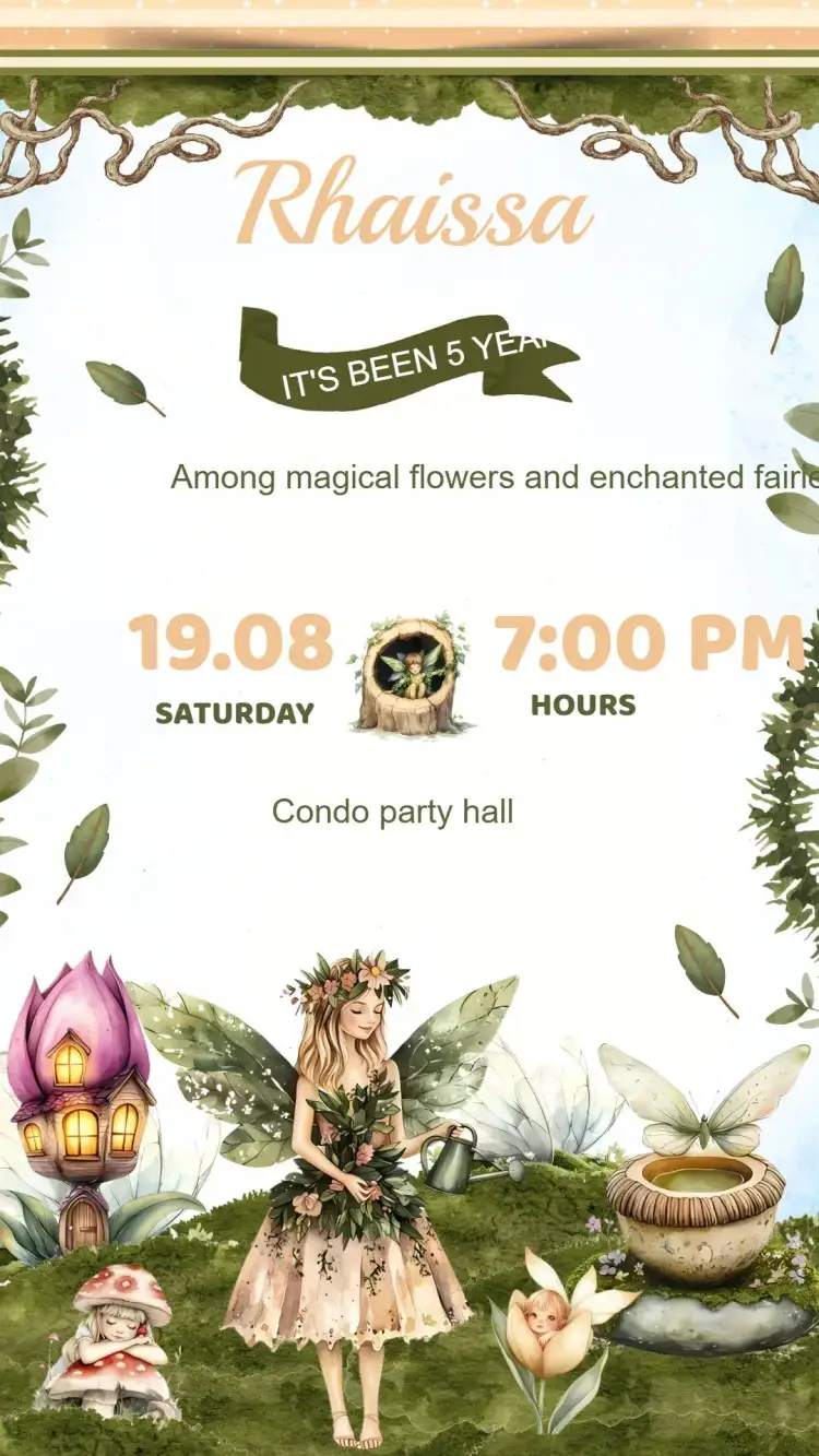 Invitation Fairy Birthday Invitation – Kids' Birthday Party theme fantasy, magical, pastel colors, fairy illustrations, sparkle and stars, enchanted nature