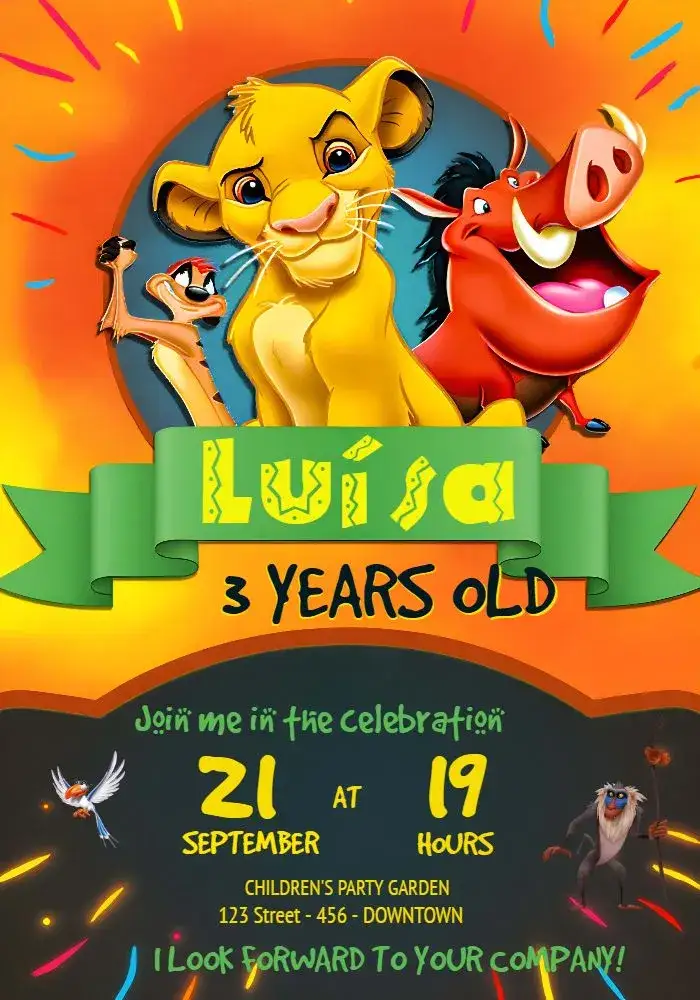 Invitation The Lion King Timon – Kids' Birthday Party theme jungle, adventure, colorful, fun-filled, Disney, childish