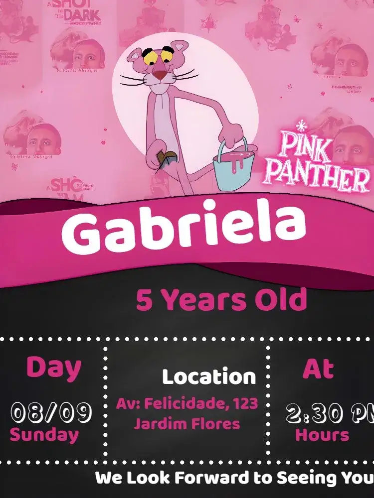 Invitation Pink Panther Cartoon – Kids' Birthday Party theme pink, white, fun, childish, colorful