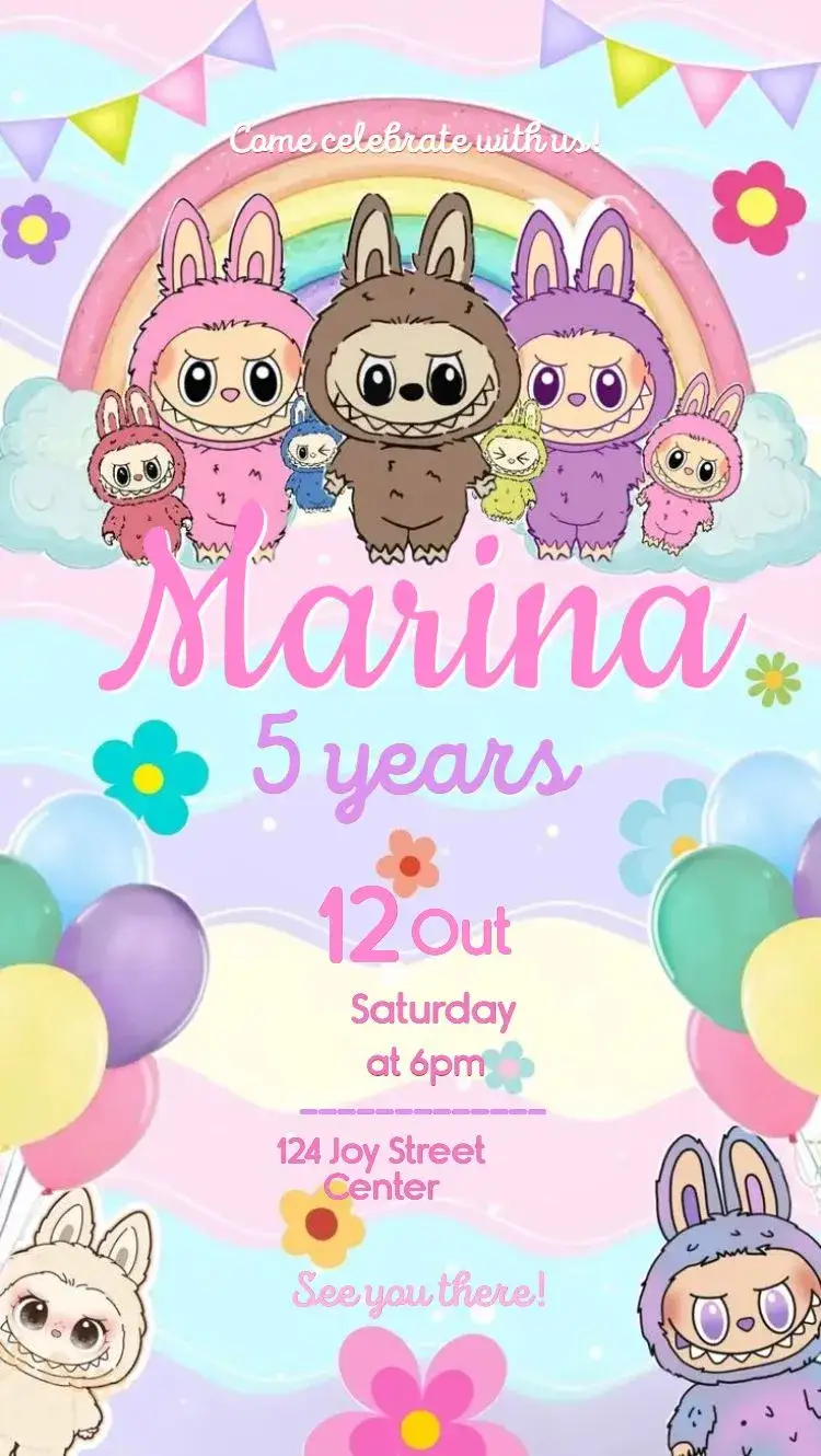 Invitation Labubu – Kids' Birthday Party theme colorful, pastel, rainbow, cute, floral, fun