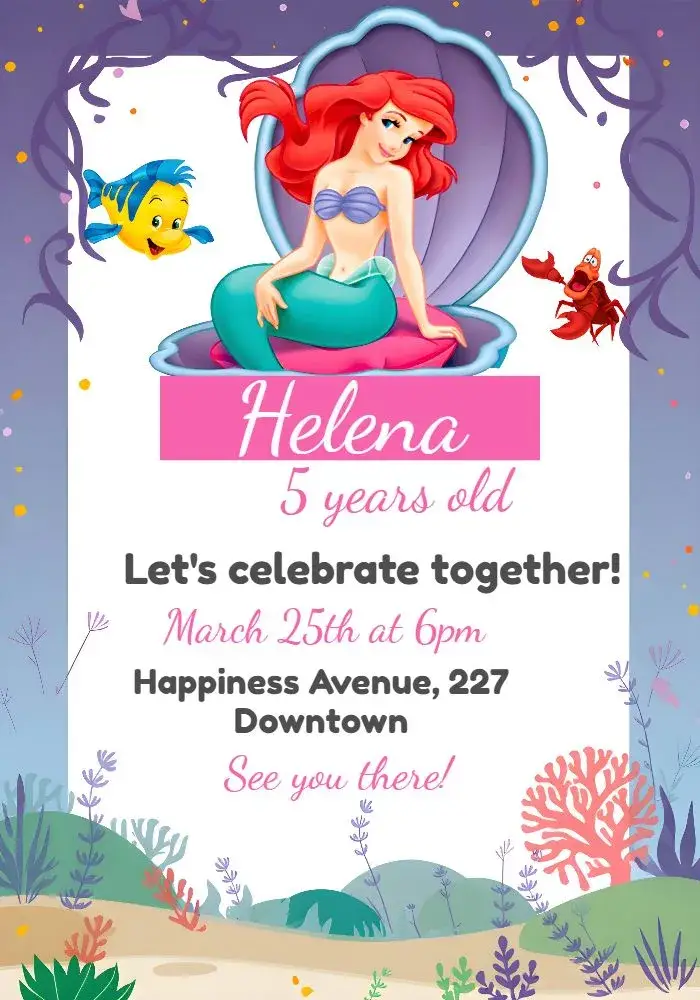 Little Mermaid Ariel White invitation