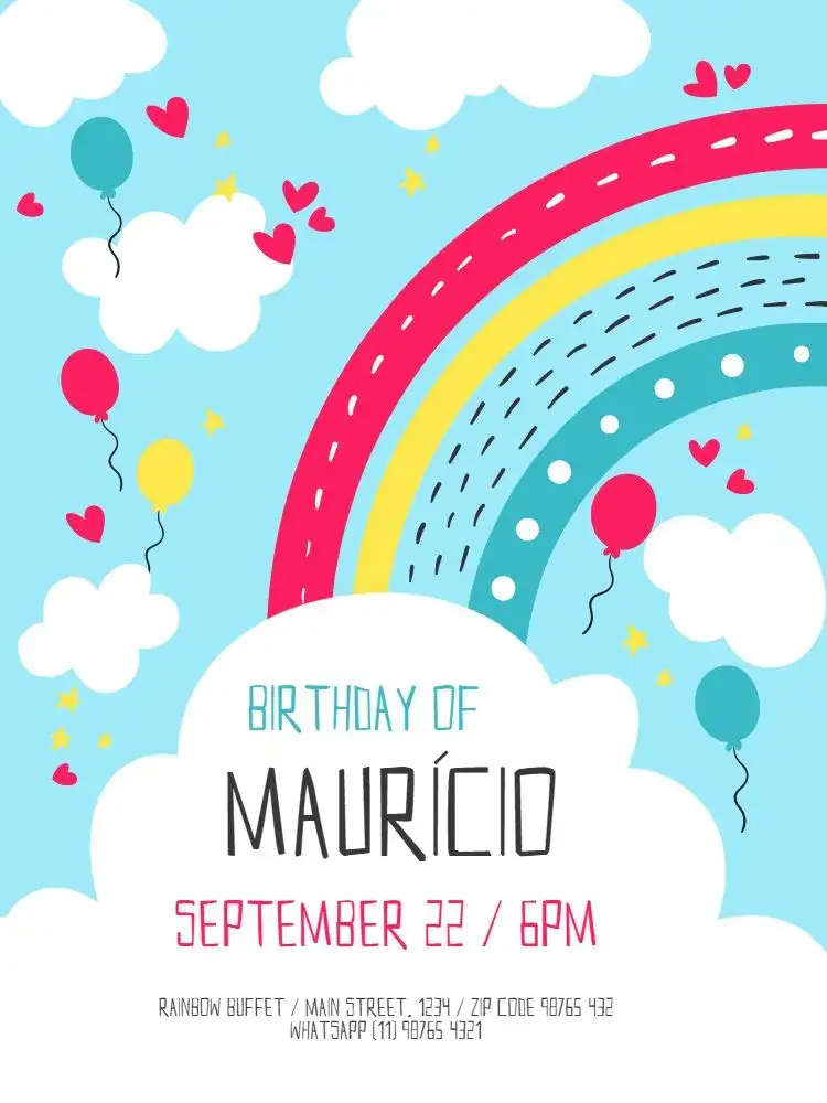 Invitation Blue Rainbow Celebration – Kids' Birthday Party theme rainbow, colorful, fun, playful, childlike