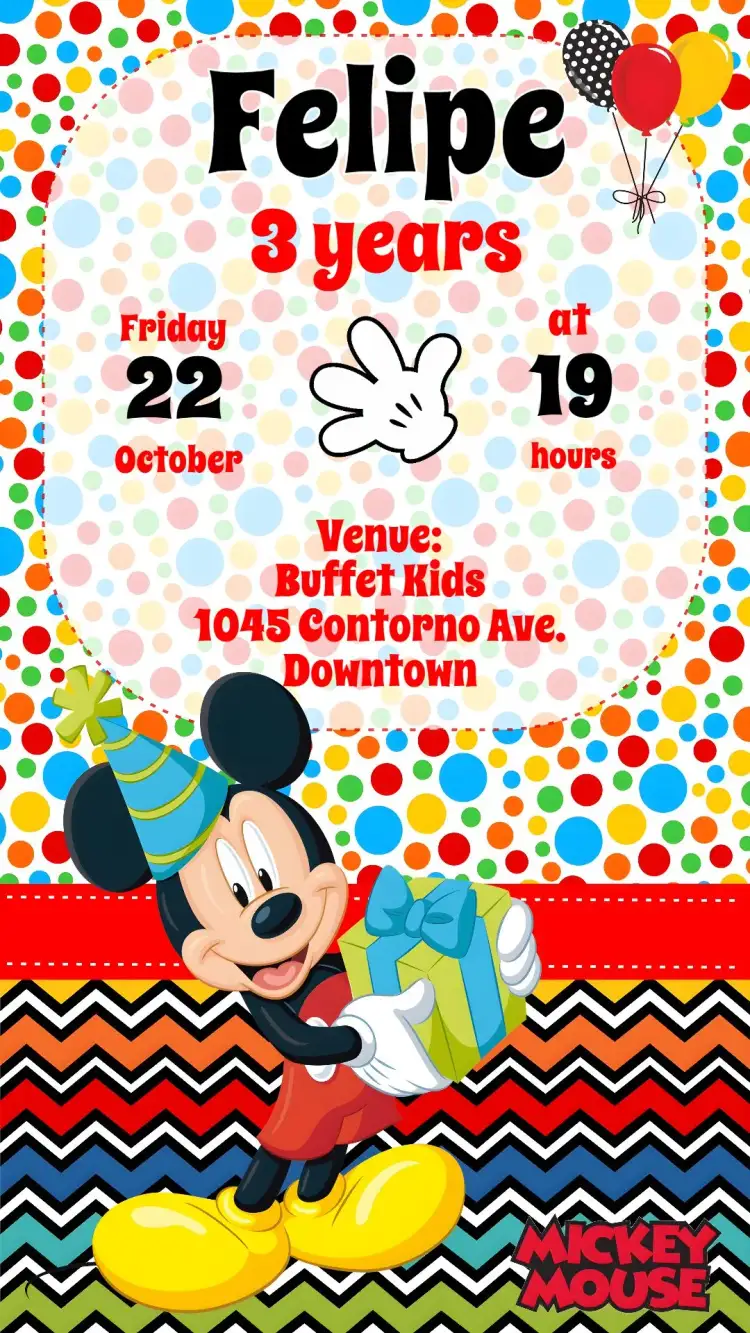 Invitation Mickey – Kids' Birthday Party theme colorful, fun, themed, childlike, magical