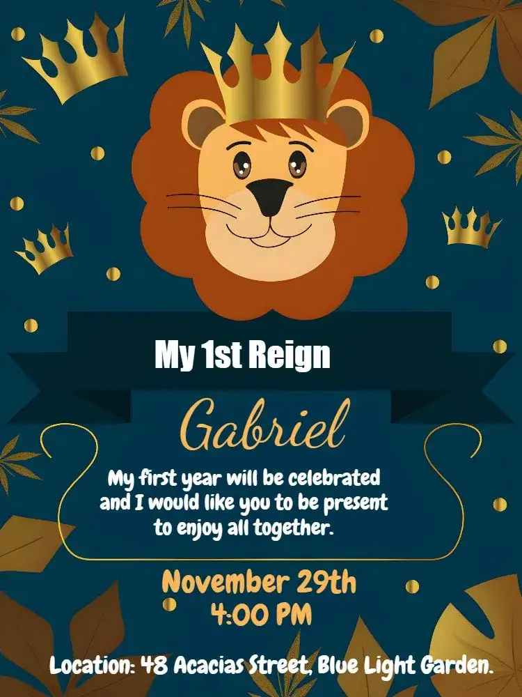 Invitation My First Reign Lion Year – Commemorative Dates theme teal blue, golden, royalty, lion, contemporary
