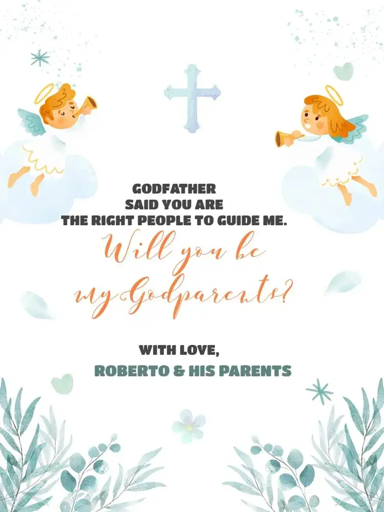 Invitation For Godparents Of Blue Green Floral Baptism – Diaper Shower theme floral, aquarela, pastel, religious, children's, playful