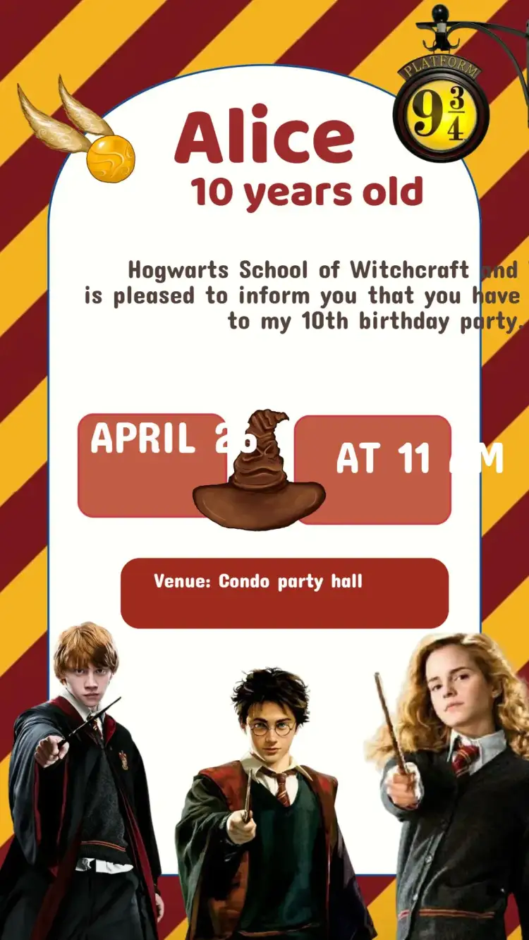 Invitation Traditional Harry Potter Birthday Invitation – Kids' Birthday Party theme magical, vibrant, fantasy-themed, colorful, wizard illustrations, Harry Potter universe