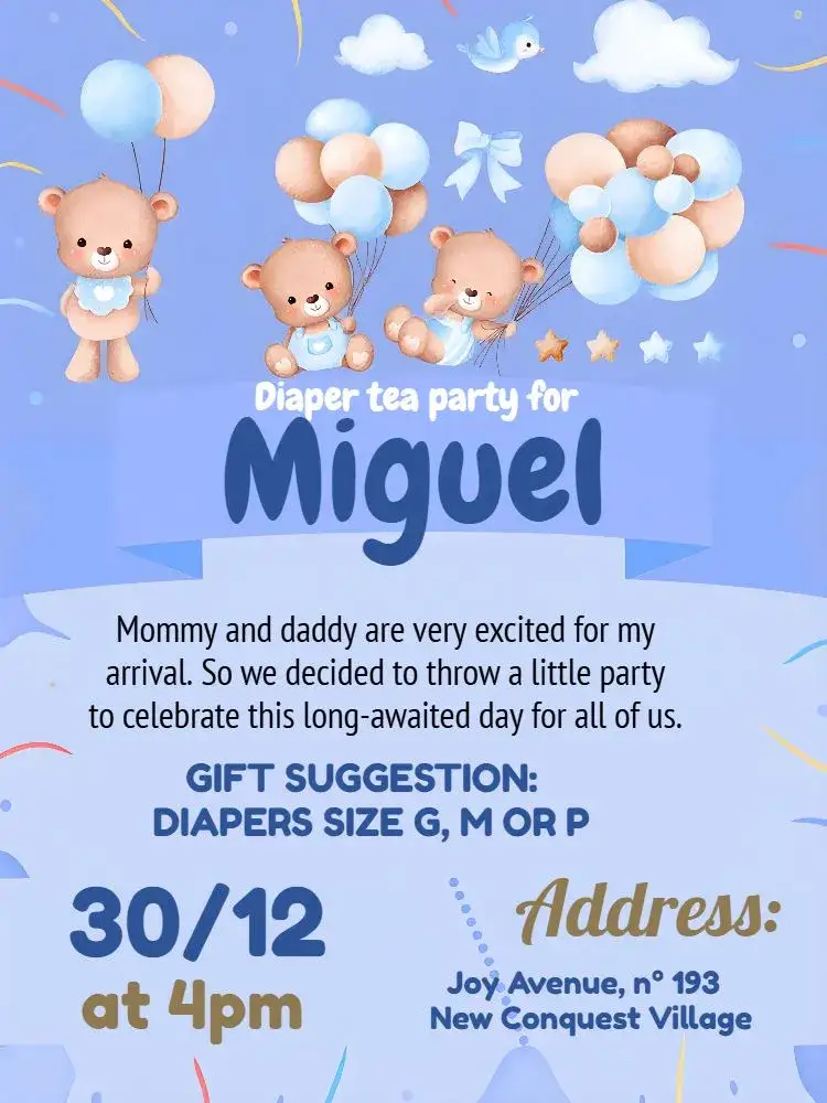 Invitation Brown Balloon Teddy Bear Diaper Shower – Diaper Shower theme teddy bear, colorful balloons, brown, blue, white, fun