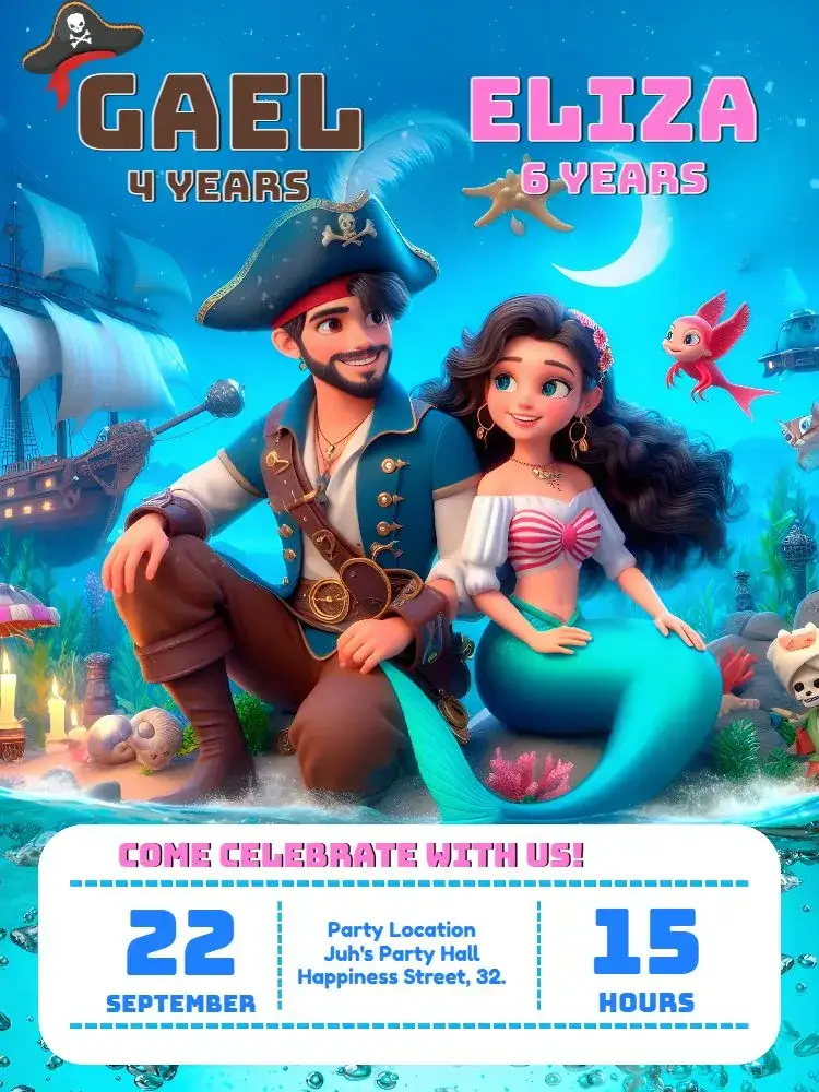 Invitation Double Pirate And Mermaid Background – Kids' Birthday Party theme navy, adventure, fantasy, colorful, fun