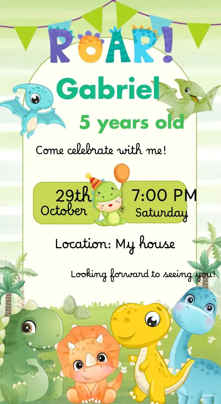 Invitation Baby Dinosaur – Kids' Birthday Party theme colorful, fun, dinosaur illustrations, children's theme, nature, games