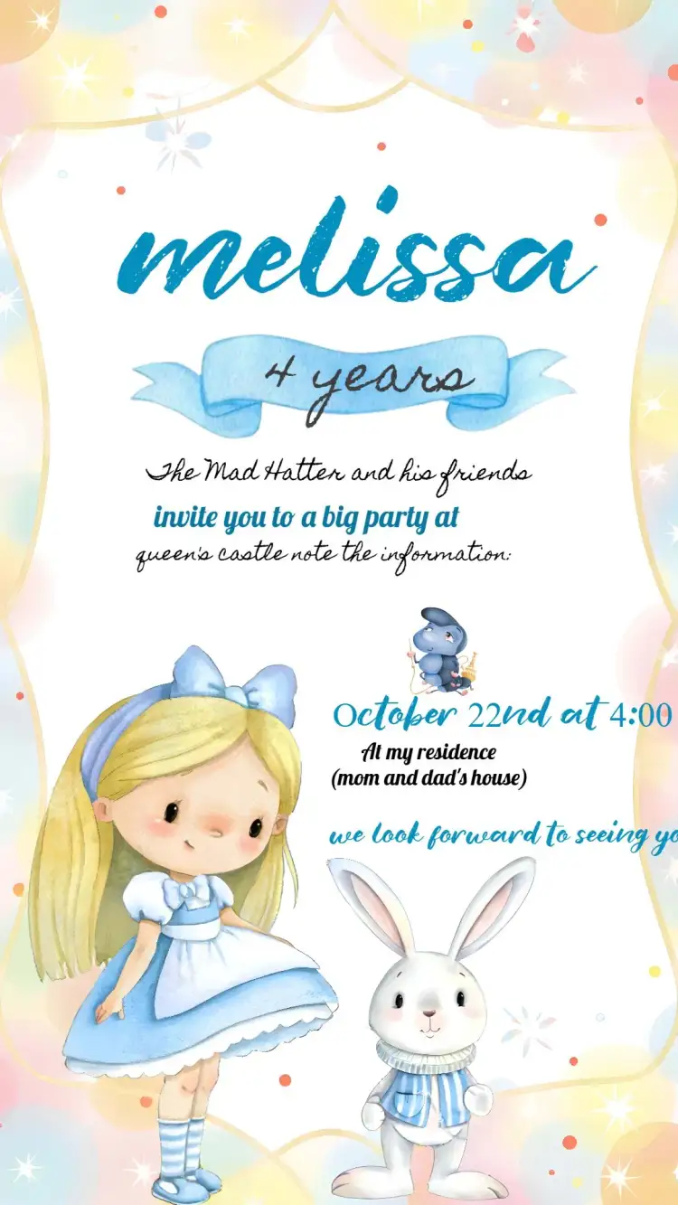 Invitation Alice In Wonderland Children's Watercolor – Commemorative Dates theme watercolor, magical, playful, colorful, childlike, fantastic