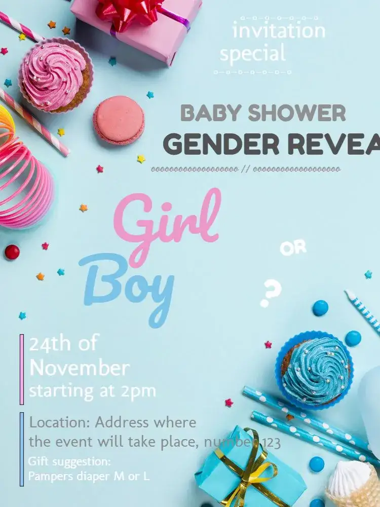 Invitation Baby Shower Gender Reveal Celebration – Gender Reveal theme playful, colorful, childlike, modern, fun