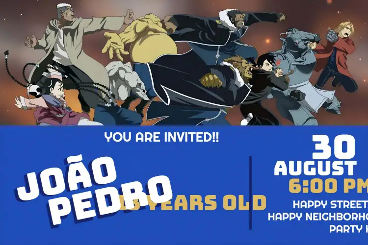 Invitation Full Metal Alchemist Anime – Kids' Birthday Party theme anime, vibrant, fun, illustrations, modern, fantasy