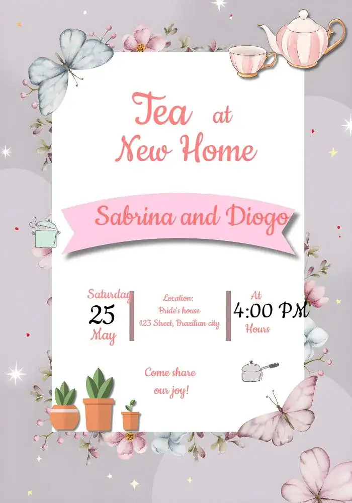 Invitation New Home Pot Tea Party – Bridal Shower theme delicate, romantic, floral, modern, soft, elegant