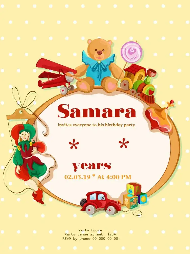 Invitation Old Toys Train – Kids' Birthday Party theme vintage, infantil, colorido, lúdico, clássico