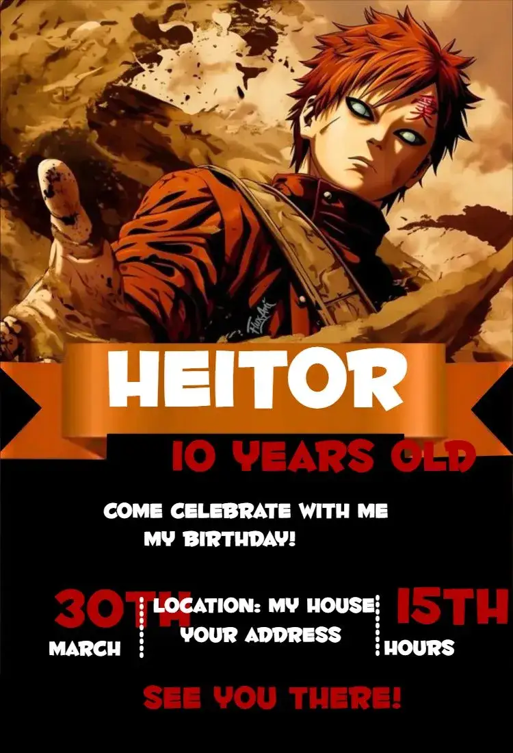 Invitation Gaara Naruto 1 – Birthday theme anime, ninja, colorful, vibrant, youthful, fantasy