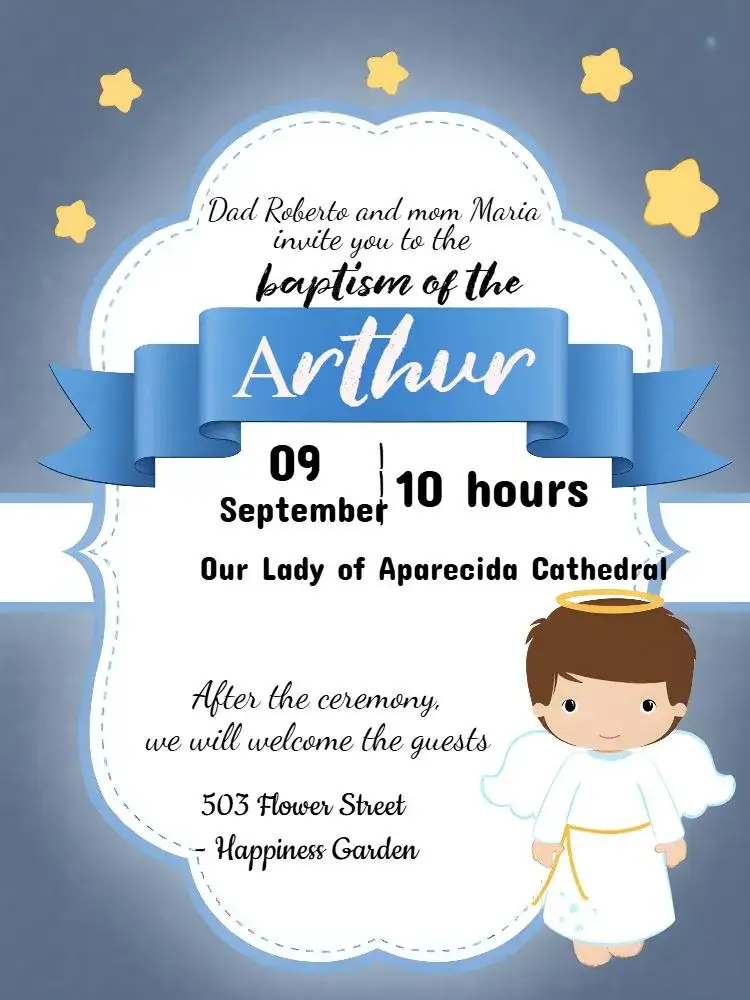 Invitation Blue Angel Boy Baptism – Baptism theme blue, white, yellow, polka dots, stars, delicate