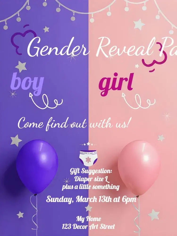 Invitation Pink Gender Reveal Tea – Gender Reveal theme pink, purple, white, balloons, stars, playful
