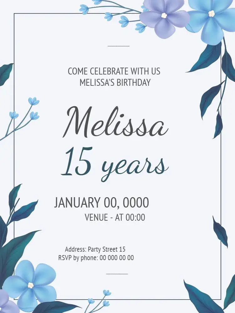 Blue 15th Birthday invitation