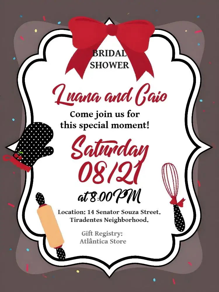 Invitation Bridal Shower Items – Bridal Shower theme modern, kitchen, black and red, minimalist, fun, elegant