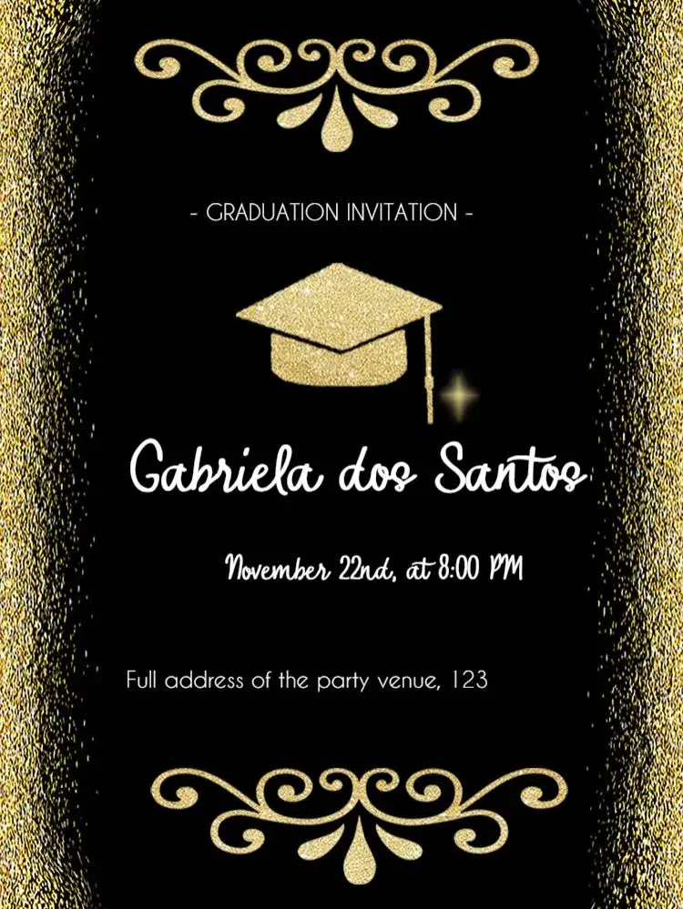 Invitation Quepe Graduation – Graduation theme black and gold, glitter, arabesques, elegant, modern