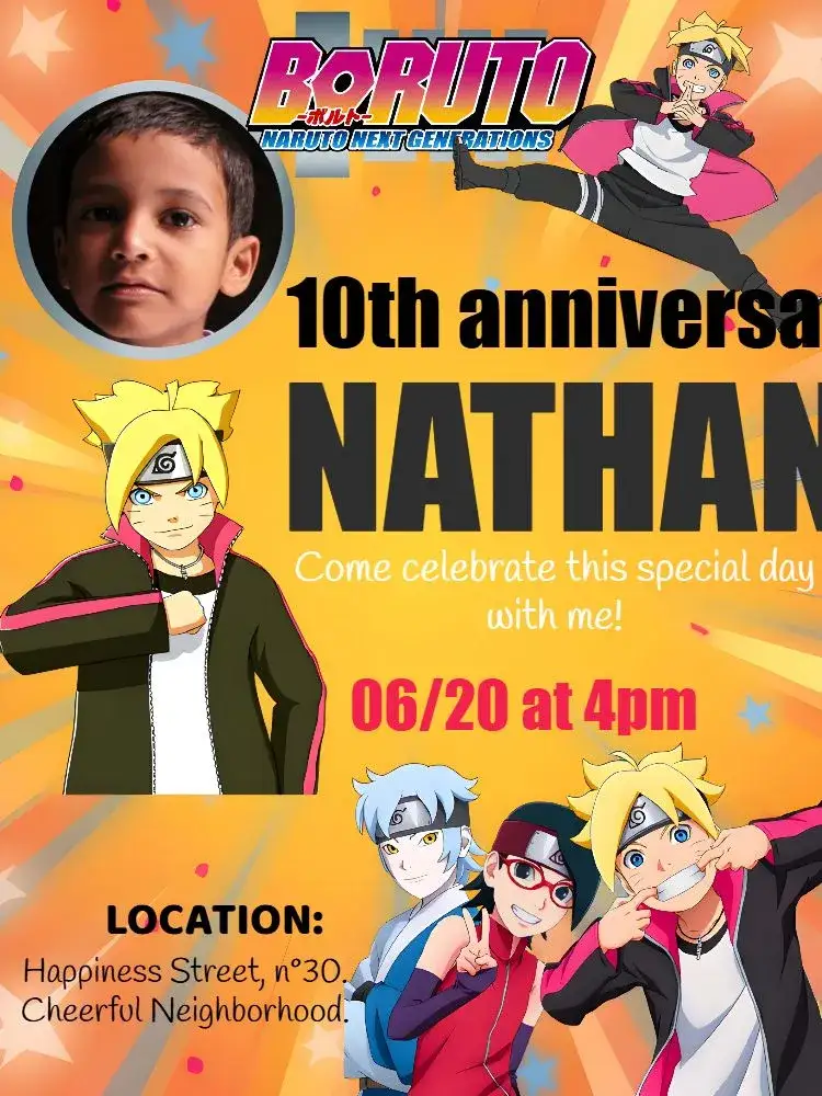Invitation Boruto With Naruto Photo – Kids' Birthday Party theme modern, anime, vibrant, fun, themed