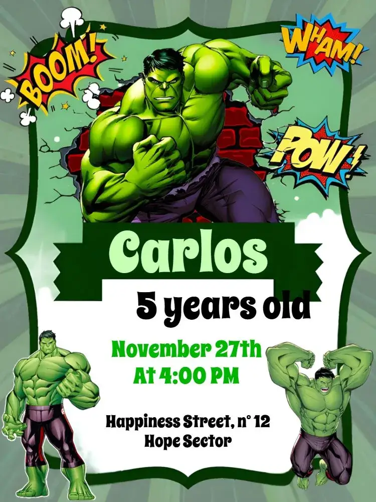 Invitation The Incredible Hulk Banner – Most searched for theme green, modern, dynamic, themed, urban, fun
