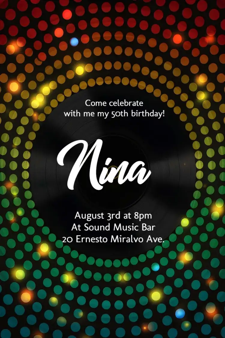 Invitation Blue 50s Disco – Sweet 15 theme vintage, neon, colorful, fun, 1950s
