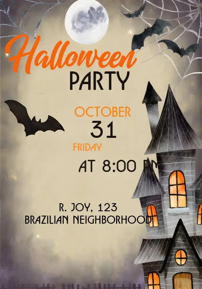 Invitation For Halloween Witches Party – Commemorative Dates theme shadows and lights, dark colors, gothic elements, witch illustrations, bats and pumpkins, vintage style