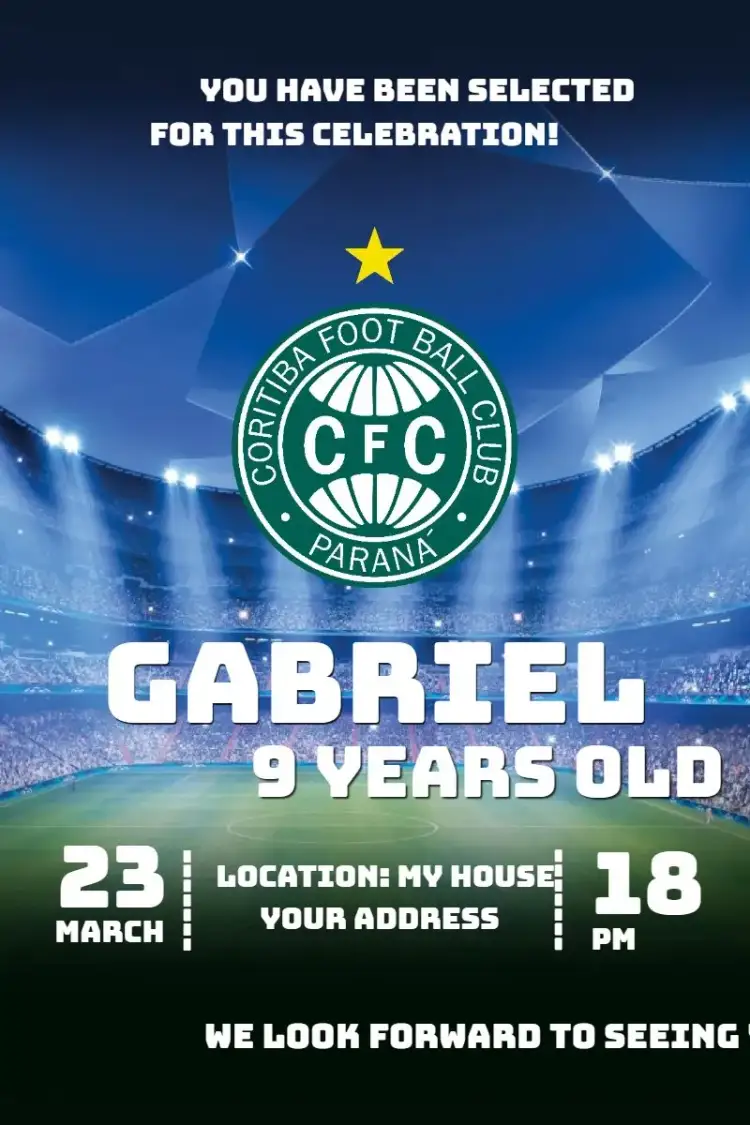Invitation Coritiba 4 – Birthday theme football, green and white, modern, vibrant, sporty