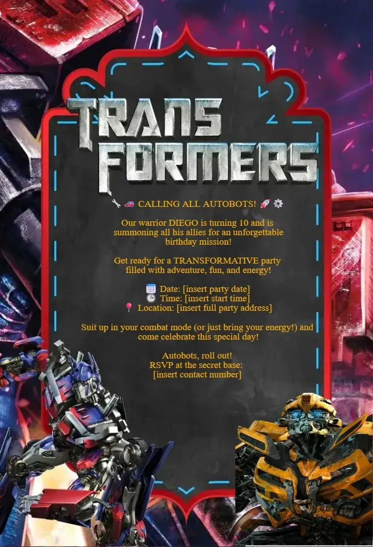 Invitation transformers – Birthday theme colorful, adventurous, futuristic, robot illustrations, dynamic, fun