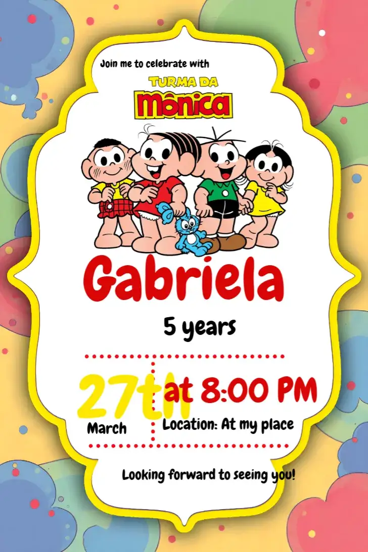 Invitation Turma Da Mônica – Kids' Birthday Party theme colorful, fun, childlike, illustration, playful