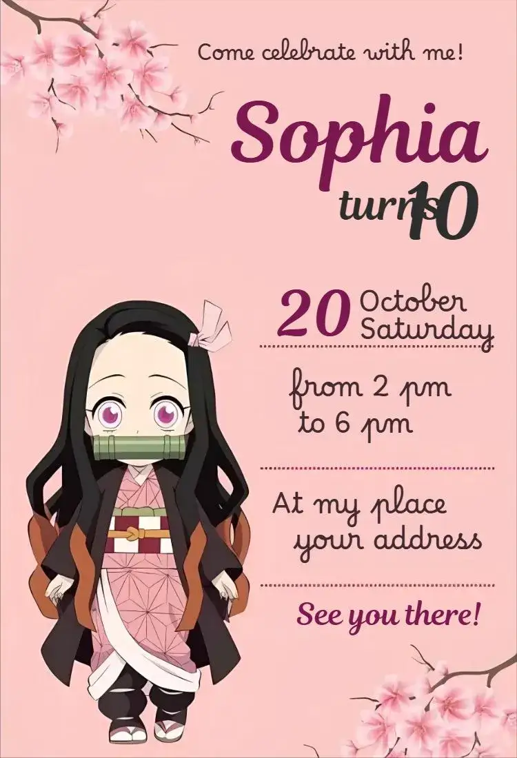 Invitation Nezuko Kamado 3 – Kids' Birthday Party theme anime, pink, cute, fun, youthful, colorful