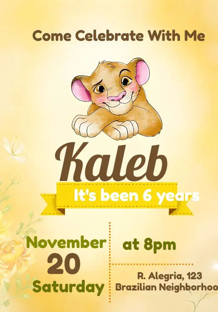 Invitation Yellow Watercolor Lion King – Kids' Birthday Party theme watercolor, colorful, animals, children's, fun, tropical