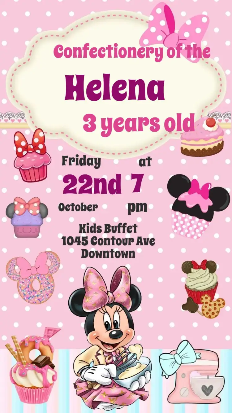 Invitation Minnie Bakery – Kids' Birthday Party theme pastel colors, playful style, pastry graphic elements, pink details, fun design, Minnie Mouse theme