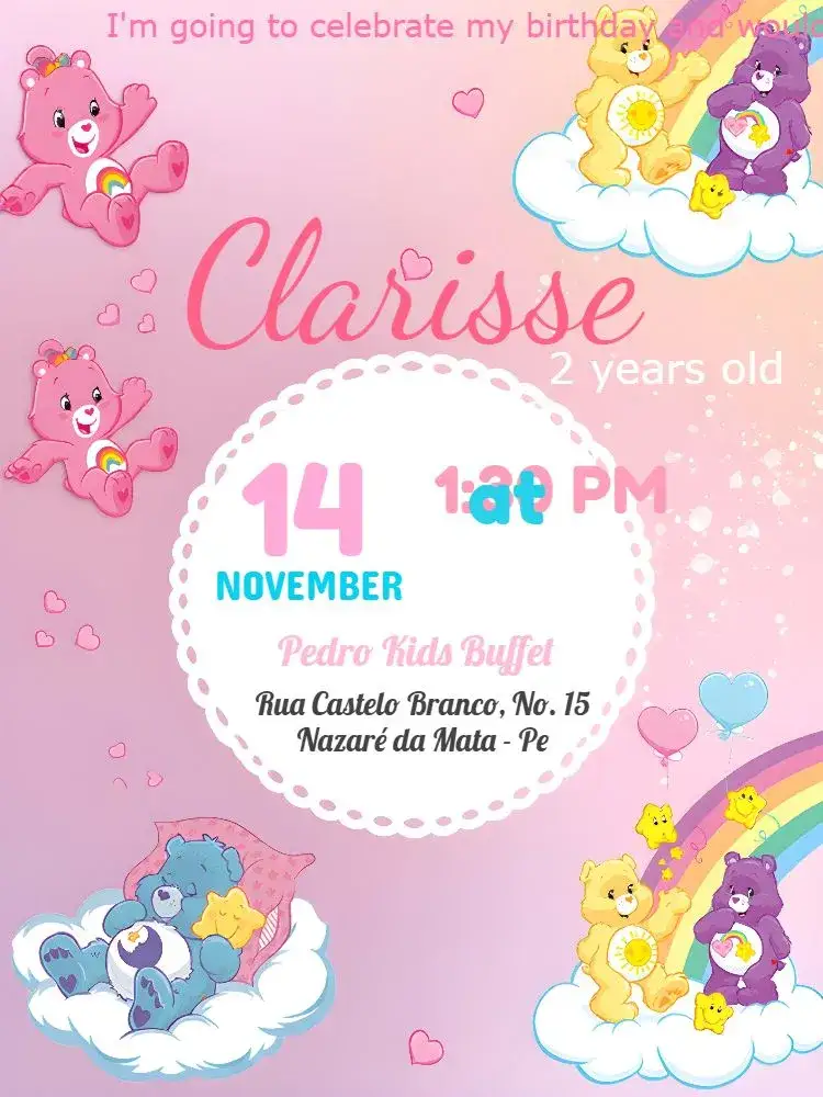 Invitation Yellow Care Bears – Kids' Birthday Party theme colorful, playful, fun, childlike, cute, cheerful