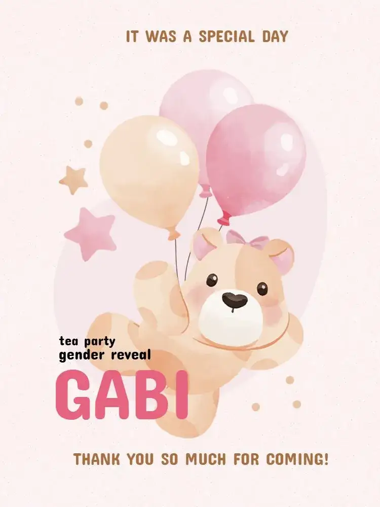 Invitation Thank You Card Presence Ludic Star Gender Reveal Tea – Card theme playful, pink, teddy bear, balloon, star