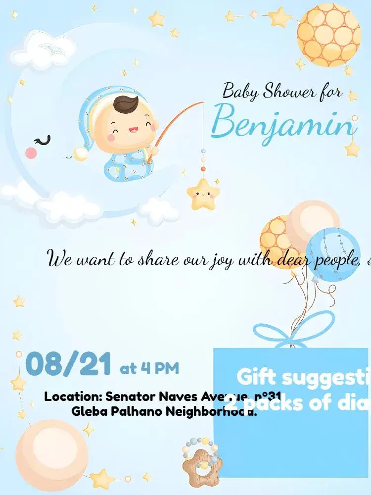 Invitation Diaper Shower Boy Rainbow – Diaper Shower theme light blue, clouds, modern, playful, balloons, rainbow