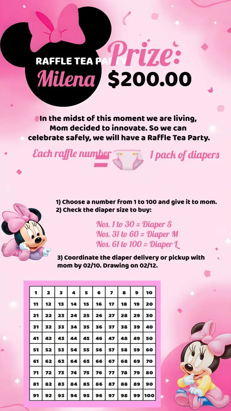 Invitation Minnie Mouse Baby Shower Raffle Tea – Raffle Tea theme Minnie Mouse, pink and black, fun, childish, modern, colorful