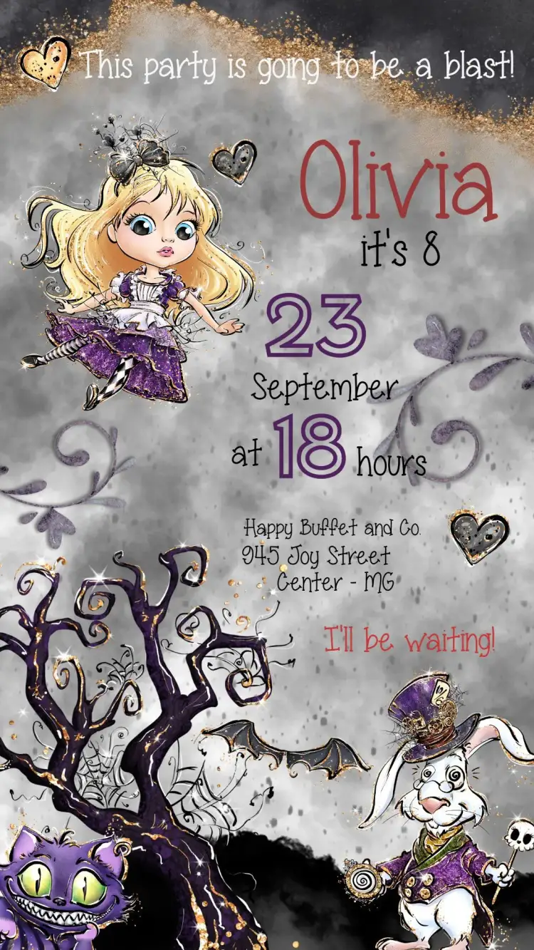 Invitation Alice In Wonderland Glitter – Commemorative Dates theme watercolor, glitter, fantasy, colorful, childish, magical