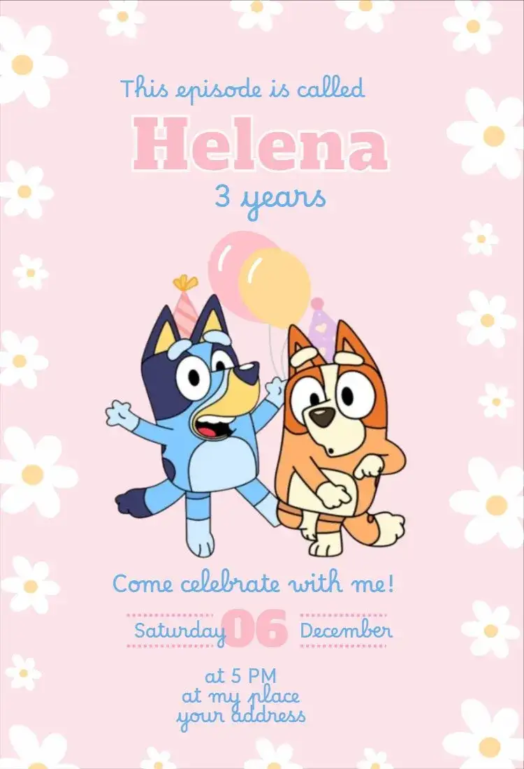Invitation Bluey Girl Pink Invitation 2 – Kids' Birthday Party theme light pink, fun, childish, themed, colorful, cheerful