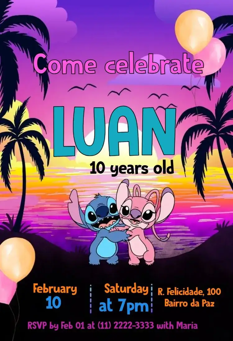 Invitation Stitch and Angel Luau – Most searched for theme tropical, colorful, fun, summer, themed, beach