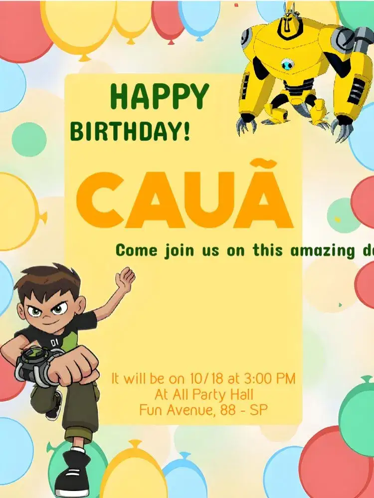 Invitation Ben 10 Benjamin – Kids' Birthday Party theme yellow, adventure, monsters, fun, colorful