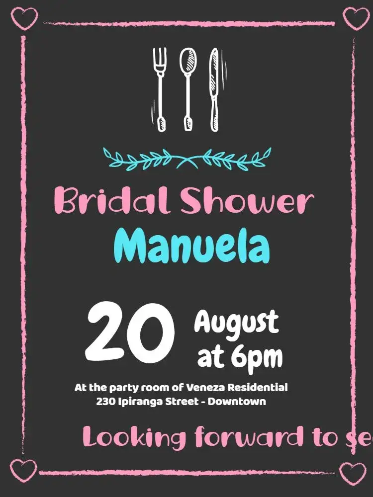 Invitation Bridal Shower - Chalkboard Model 3 Pink – Bridal Shower theme chalkboard theme, pink and green color scheme, feminine style, modern design, playful touch