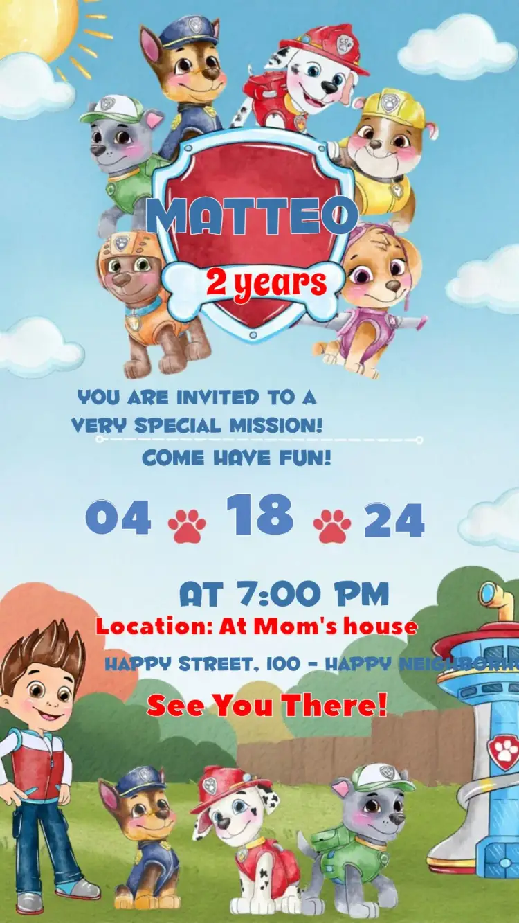 Invitation Paw Patrol – Kids' Birthday Party theme watercolor, colorful, fun, childlike, themed