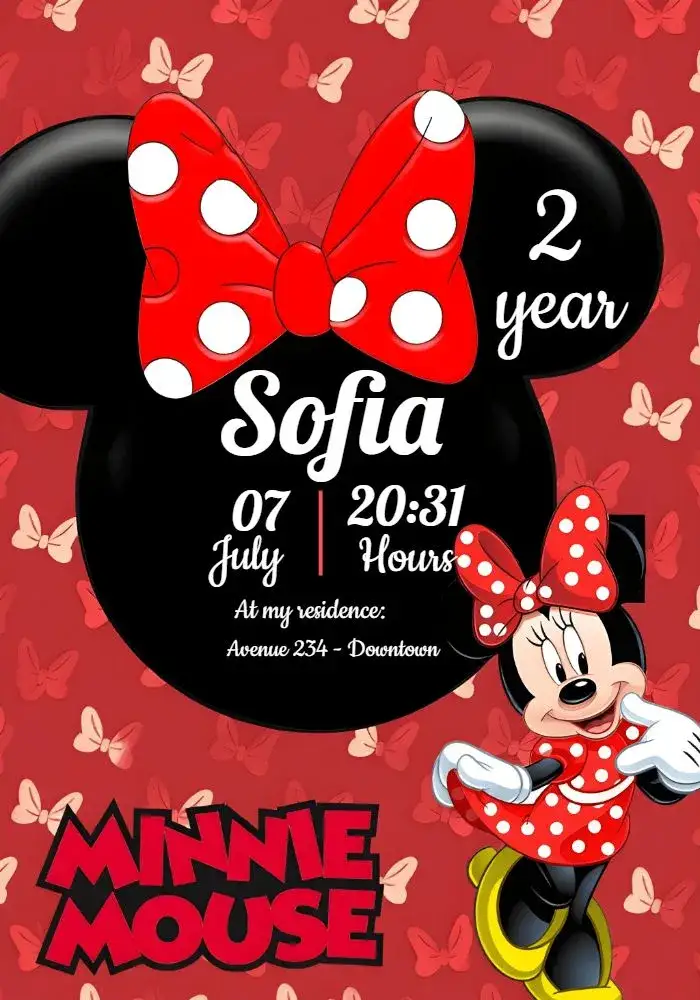 Invitation Minnie Mouse 1 – Commemorative Dates theme red, black, polka dots, children's, Disney-themed, fun