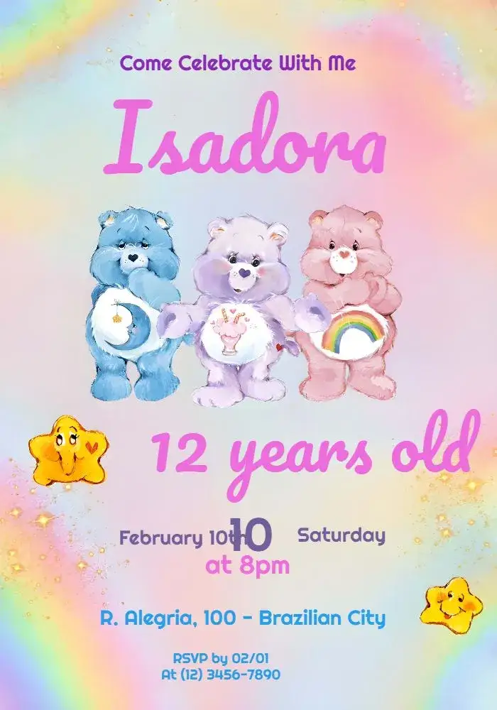 Invitation Care Bears – Kids' Birthday Party theme colorful, watercolor, cute, childish, animals, fun