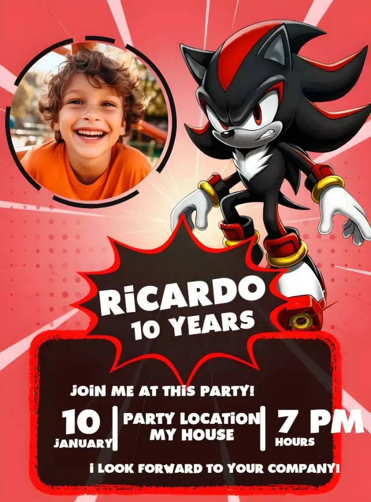 Invitation Shadow Sonic With Photo Movie – Kids' Birthday Party theme red, black, modern, gamer, cartoon