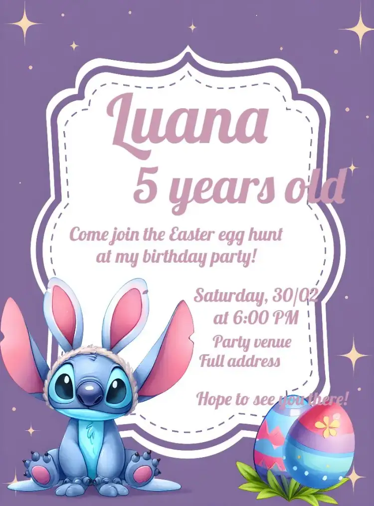 Invitation Easter Stitch Disney – Commemorative Dates theme pink, fun, Disney, whimsical illustrations, children's theme, Easter