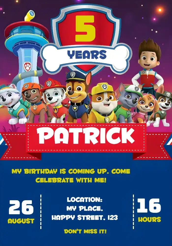 Invitation Red Paw Patrol – Kids' Birthday Party theme red, blue, white, fun, childish, themed