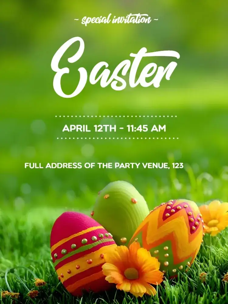Invitation Easter Eggs – Commemorative Dates theme brown, white, colored eggs, festive style, Easter-themed graphic elements, children's theme